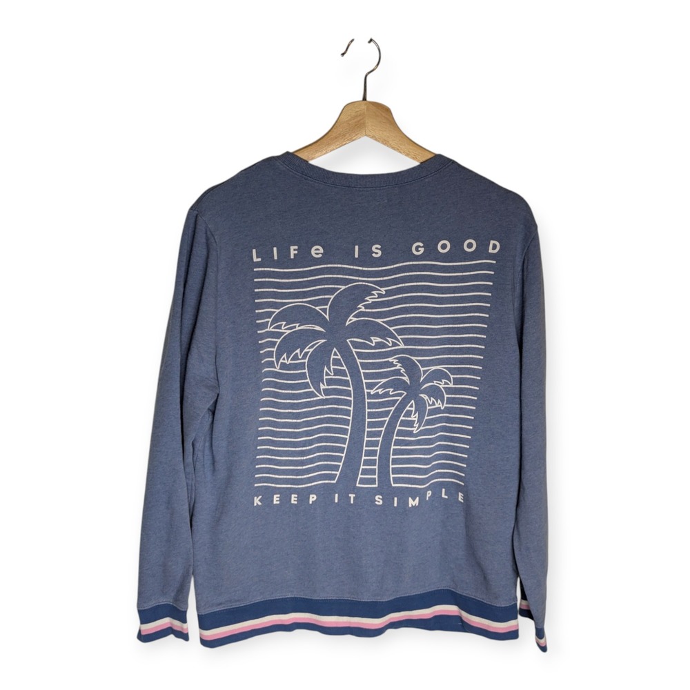 Life is Good Womens Large Blue Palm Tree Keep It Simple Striped Crew Sweatshirt - Picture 6 of 10